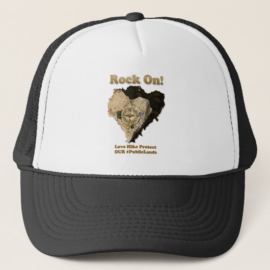 ROCK ON! Liefde Hike beschermt onze publieke grond Trucker Pet (Voorkant)