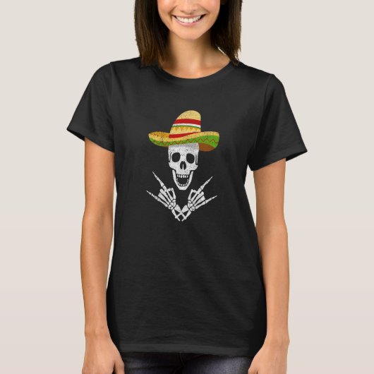 Rock On Mexican Skeleton Sombrero Dia De Los Muert T-shirt (Voorkant)