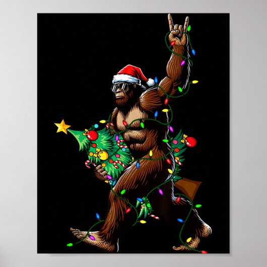 Rock On Santa Bigfoot Christmas Tree Xmas Lights S Poster (Voorkant)