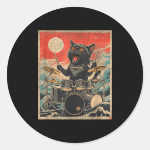 Rock On Vintage Drummer Katten Cool Band Stijl Cad Ronde Sticker