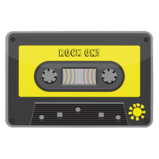 Rock op gele cassette met regenboog tape magneet