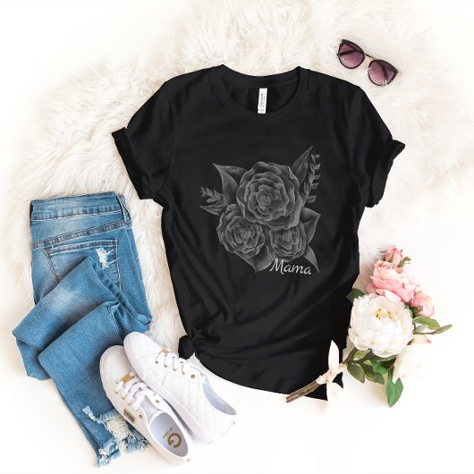 Rock op Roll Zwart Monochromatische Bloemen - Mama T-shirt
