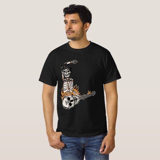 Rock op skelet spelen gitaar Halloween kostuum T-shirt (Voorkant volledig)