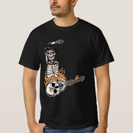 Rock op skelet spelen gitaar Halloween kostuum T-shirt (Voorkant)