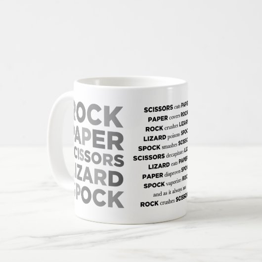 Rock Paper Scissors Lizard Spock Mok met REGELS (Voorkant links)