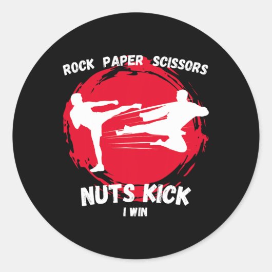 Rock Paper Scissors Nuts Kick Win Funny Taekwondo Ronde Sticker (Voorkant)