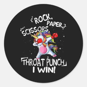 Rock Paper Scissors Throat Punch I Win Unicorn Box Ronde Sticker