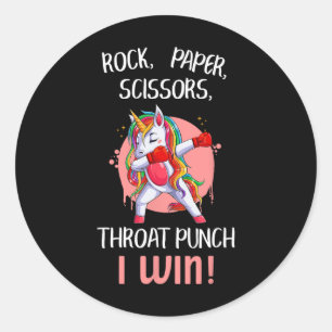 Rock Paper Scissors Throat Punch I Win Unicorn Box Ronde Sticker