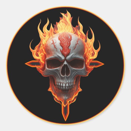 Rock & Roll Band Heavy Metal Muziek Flaming Skull Ronde Sticker (Voorkant)