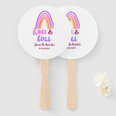 Rock & roll bruiloft koppel naam retro regenboog handwaaier (Voorkant en achterkant)