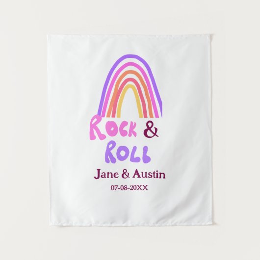 Rock & roll bruiloft voeg koppel naam retro regenb wandkleed (Voorkant)