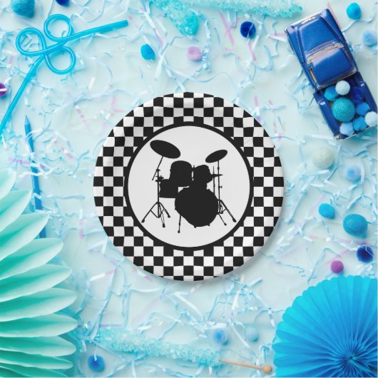Rock & Roll Drummer Checker drumstel Papieren Bordje (Feest)