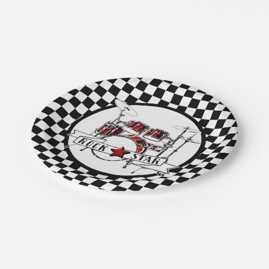 Rock & Roll Drummer Checker drumstel Papieren Bordje (Gekanteld)