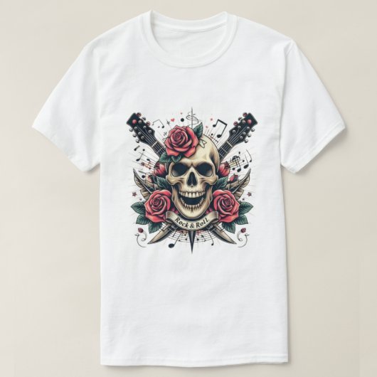 Rock & Roll Schedel Tattoo T-Shirt Ontwerp (Design voorkant)