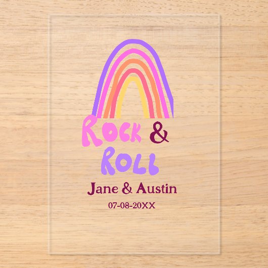 Rock & roll wedding add couple name retro rainbow  acryl uitnodigingen (Voorkant)