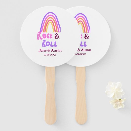 Rock & roll wedding add couple name retro rainbow  handwaaier (Voorkant en achterkant)