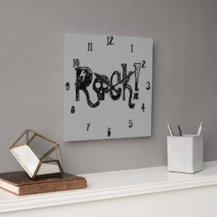 Rock Schedel Typografie Zwart Grijs Vierkante Klok