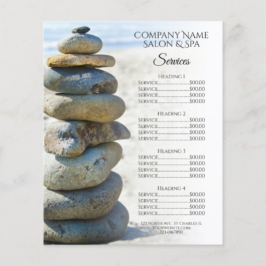 Rock Stack Cairn Spa Salon Services Menu (Voorkant)