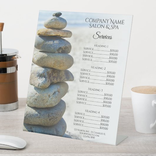Rock Stack Cairn Spa Salon Services Menu Reclamebord Met Voetstuk (Insitu)