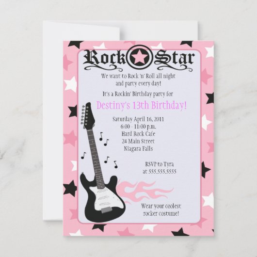 ROCK STAR 4x5 Roze Rocker Birthday Uitnodiging (Voorkant)