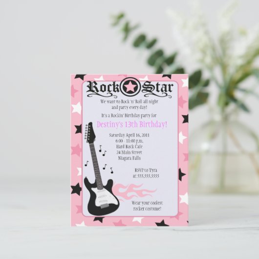 ROCK STAR 4x5 Roze Rocker Birthday Uitnodiging (Staand voorkant)