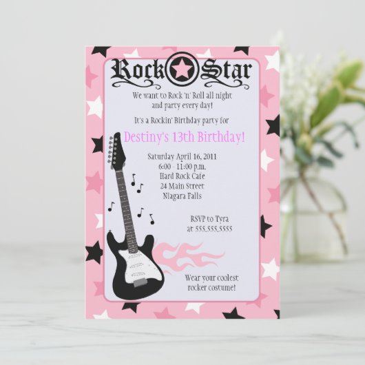 ROCK STAR 5x7 Roze Rocker Birthday Uitnodiging (Staand voorkant)
