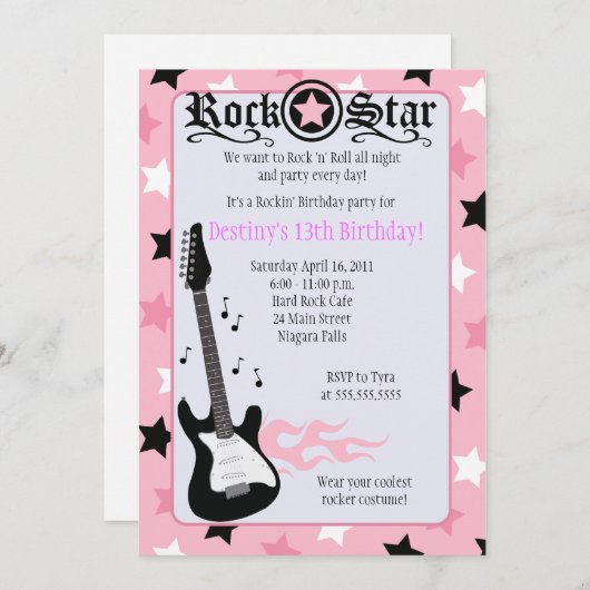 ROCK STAR 5x7 Roze Rocker Birthday Uitnodiging (Voorkant / Achterkant)