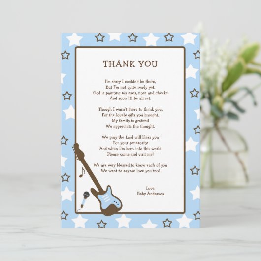 Rock Star-Baby shower Opmerking: blauw Bedankkaart (Staand voorkant)