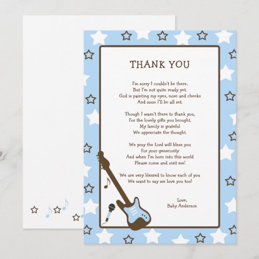 Rock Star-Baby shower Opmerking: blauw Bedankkaart (Voorkant / Achterkant)