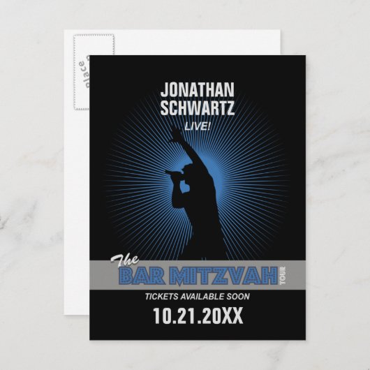 Rock Star Bar Mitswa Save the Date Zwart Zilver Aankondigingskaart (Voorkant / Achterkant)