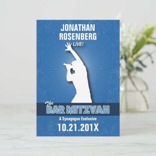 Rock Star Bar Mitzvah Uitnodiging in Blue (Staand voorkant)
