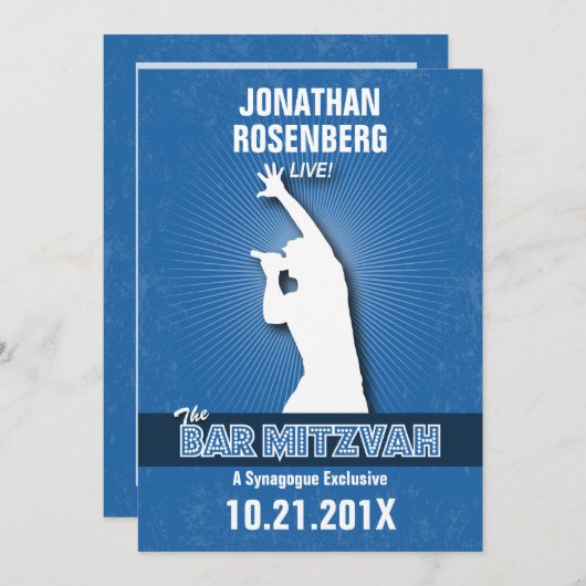 Rock Star Bar Mitzvah Uitnodiging in Blue (Voorkant / Achterkant)