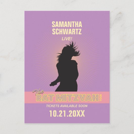 Rock Star Bat Mitswa Save the Date-Paarse Roze Aankondigingskaart (Voorkant)