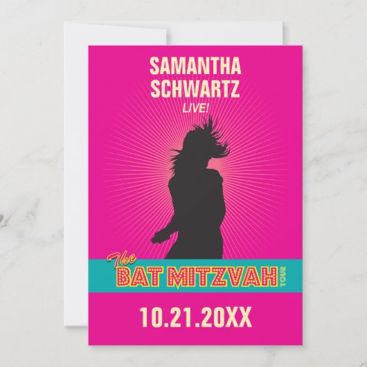 Rock Star Bat Mitzvah Invitation in Hot Pink Kaart (Voorkant)