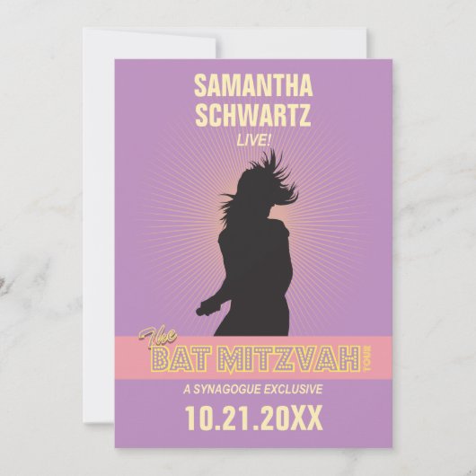 Rock Star Bat Mitzvah Invitation-Paars Pink Kaart (Voorkant)