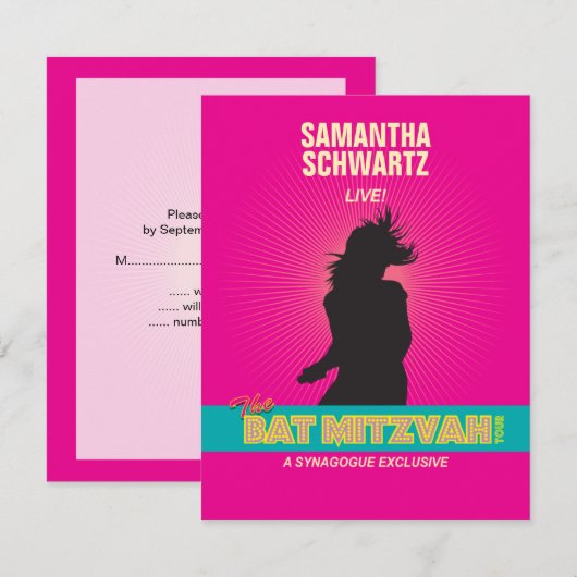 Rock Star Bat Mitzvah RSVP Reply Card in Hot Pink Kaartje (Voorkant / Achterkant)