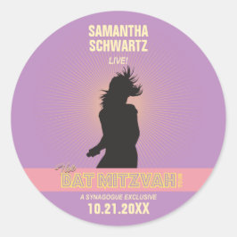 Rock Star Bat Mitzvah Sticker-Paarse Roze Ronde Sticker
