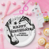Rock Star Birthday Guitar Black White Stars Papieren Bordje (Feest)