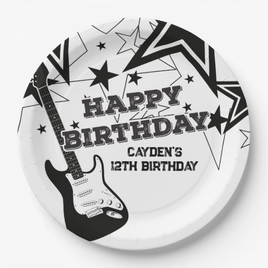 Rock Star Birthday Guitar Black White Stars Papieren Bordje (Voorkant)