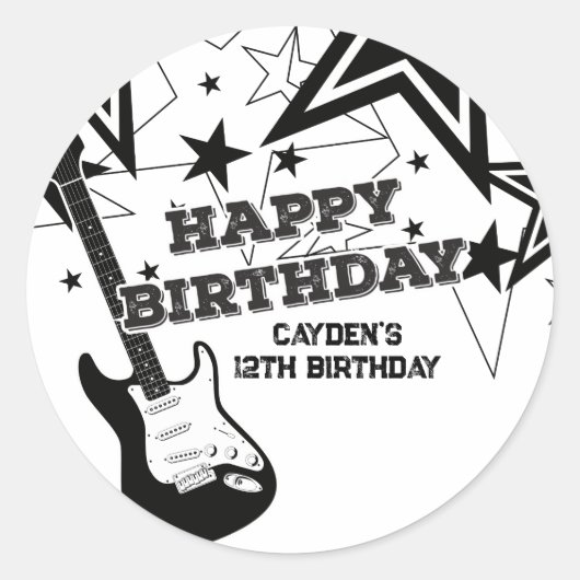 Rock Star Birthday Guitar Black White Stars Ronde Sticker (Voorkant)