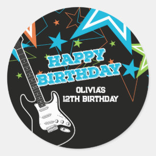 Rock Star Birthday Guitar Stars Blue Oranje Ronde Sticker