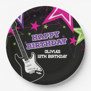 Rock Star Birthday Guitar Stars Pink Paars Paper Papieren Bordje