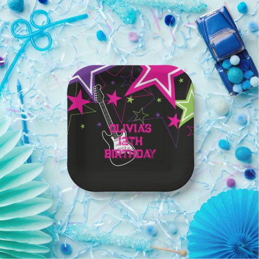 Rock Star Birthday Guitar Stars Pink Paars Papieren Bordje (Feest)