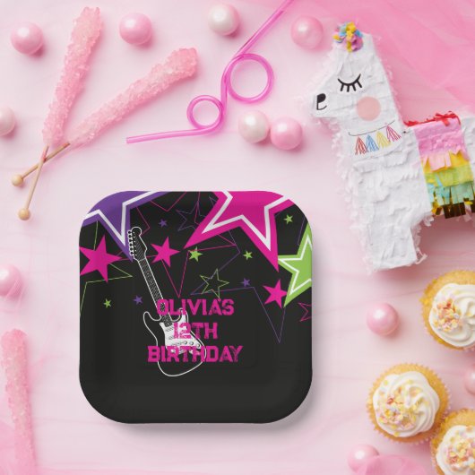 Rock Star Birthday Guitar Stars Pink Paars Papieren Bordje (Feest)