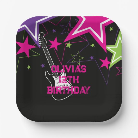 Rock Star Birthday Guitar Stars Pink Paars Papieren Bordje (Voorkant)