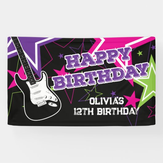 Rock Star Birthday Guitar Stars Pink Paars Spandoek (Horizontaal)