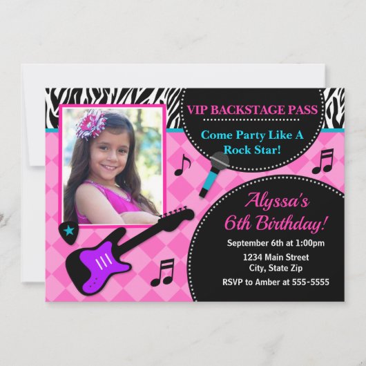 Rock Star Birthday Invitation Pop Star Girl Kaart (Voorkant)