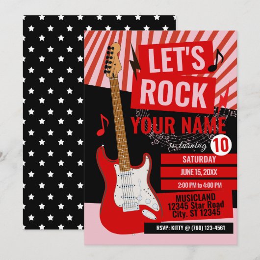 Rock Star Birthday Party Invitation Kaart (Voorkant / Achterkant)