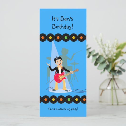 Rock Star Boy verjaardagsuitnodiging Kaart (Staand voorkant)