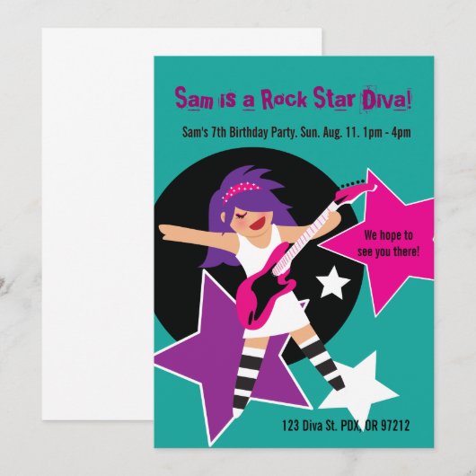 Rock Star Diva Birthday Invites Kaart (Voorkant / Achterkant)